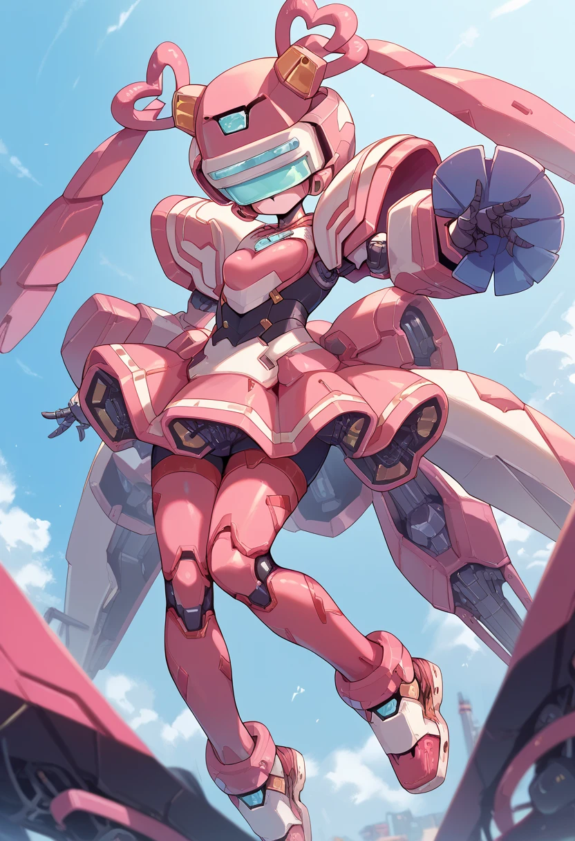 masterpiece, high definition , top quality,8k
(twintails,mechanical girl,mechanical body,mechanical goggle,White mask,pink body color,no mouth)
(pink mini skirt)