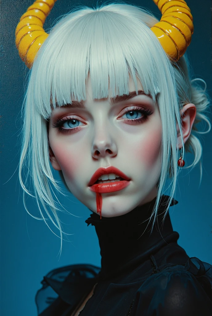 gothic aesthetic, I created an image of a woman with a thin, triangular face, your skin color is red, she has a tail, wear white clothes, her hair is blonde and she wears a two-bun hairstyle on her head., His face is thin, triangular and has a scary look , gothic and dark style art