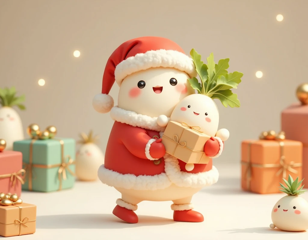 cute大根,  Santa costume, Mochimochi daikon , Carrying a bunch of daikon ,  gift boxes, cute, とにかくcute,  happy , Happy space , Fluffy, Soft colors,  retina, 2D illustration, wallpaper