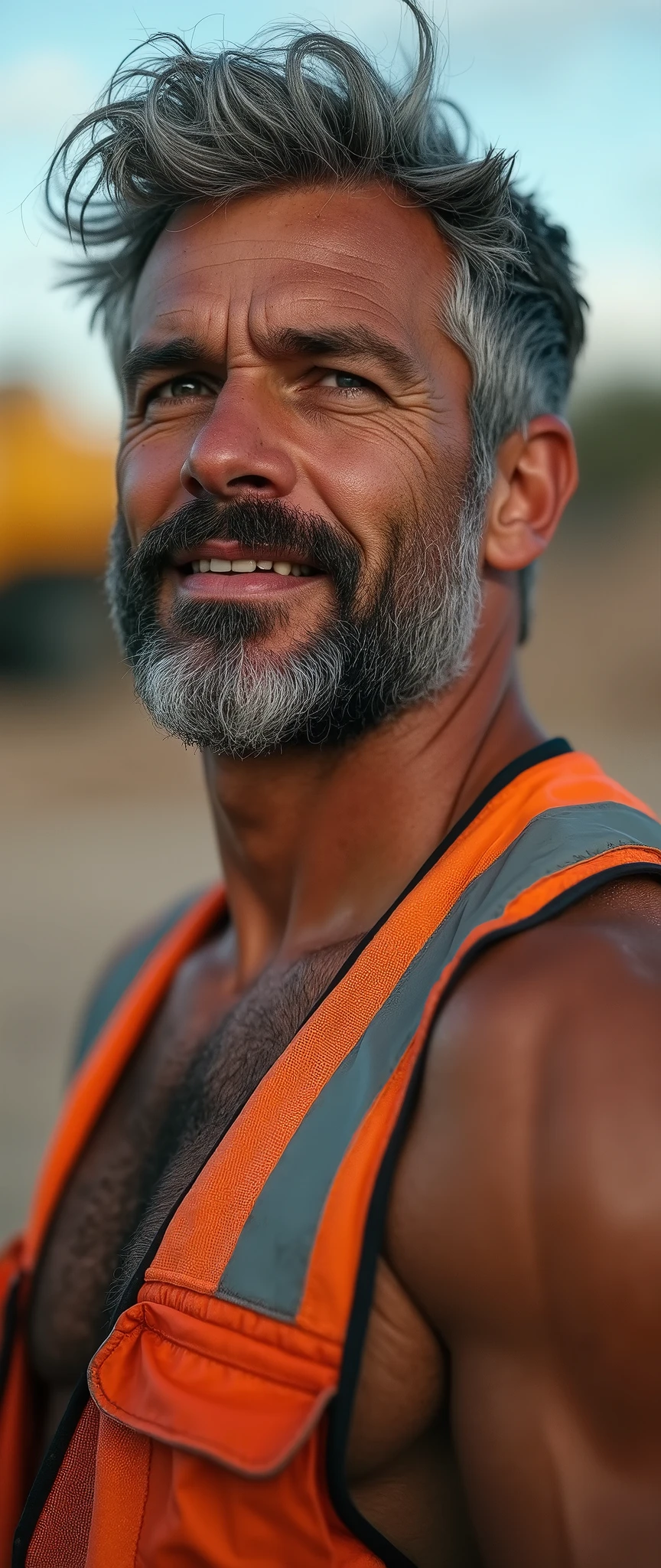 photo of a man, orgasm face, construction worker, at a construction site