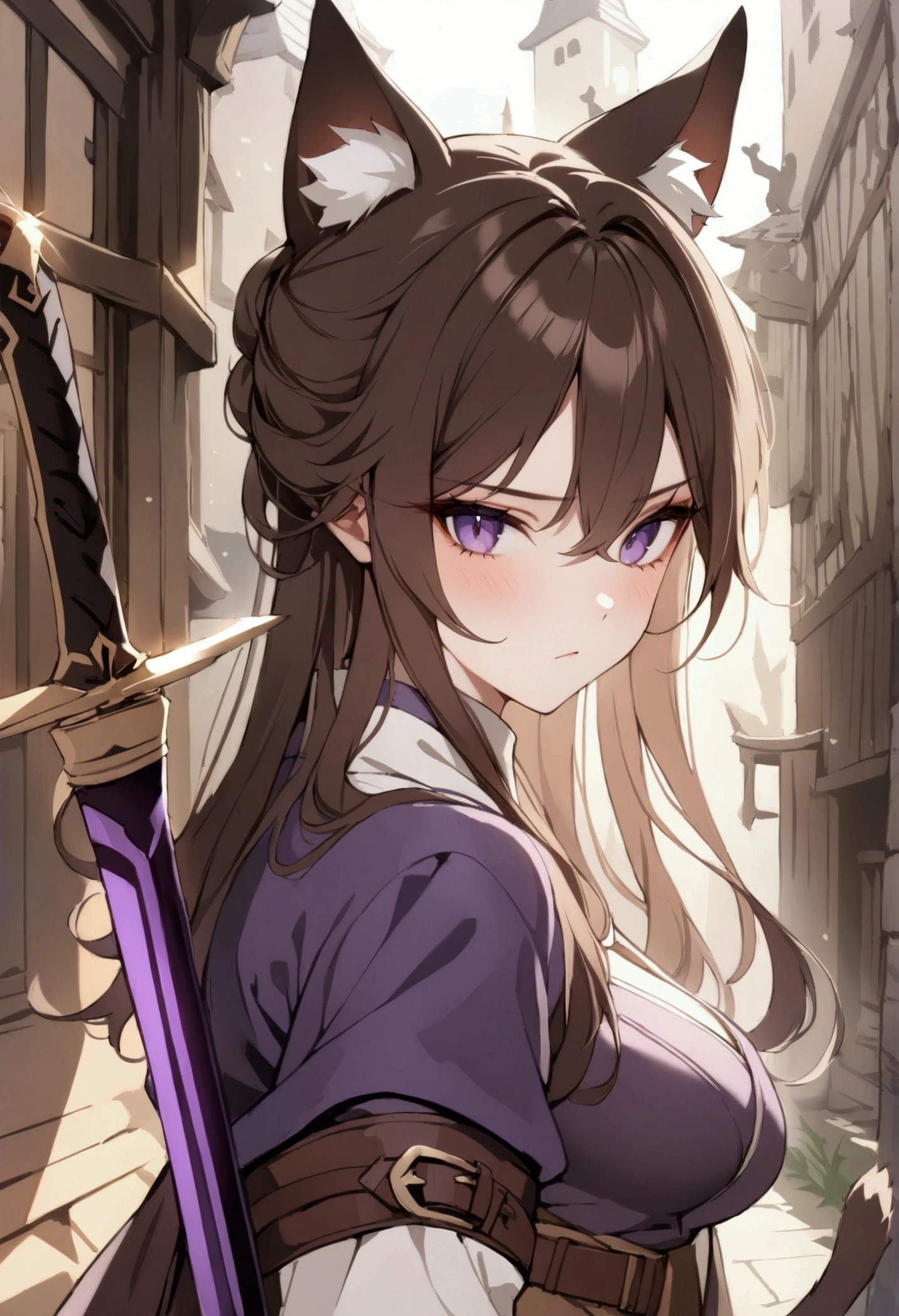 (1girl, Masterpiece, best quality, beautiful) A young cat-woman female with (long length brown hair). brown cat ears with white fur. Neutral, sligthly serious expression. medieval-style fancy colors dark brown, purple and white outfit. She has purple eyes. She has a brown belt cinched around her waist. She wears brown pants. (holding straight purple sword)
