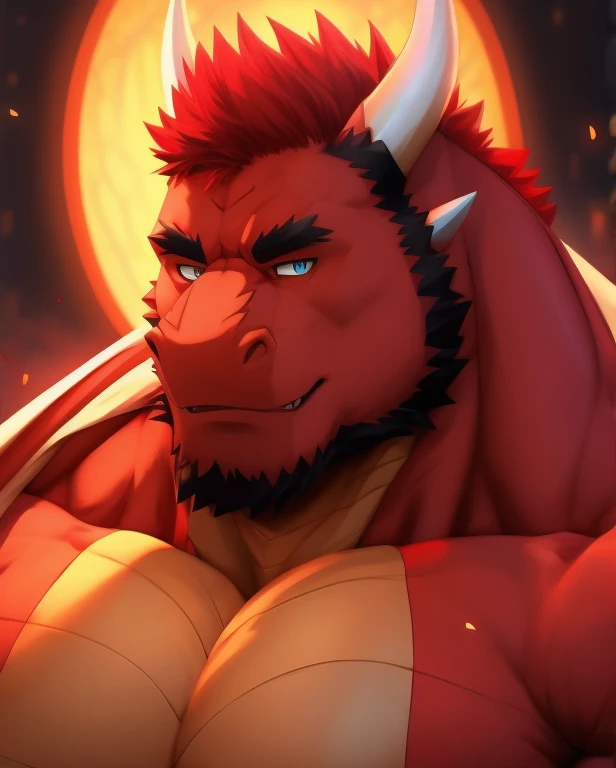 fat muscle daddy dragon furry  , (face detailed ) , (eyes detailed ) , red hair , face detailed , (detailed nose) , masterpiece
