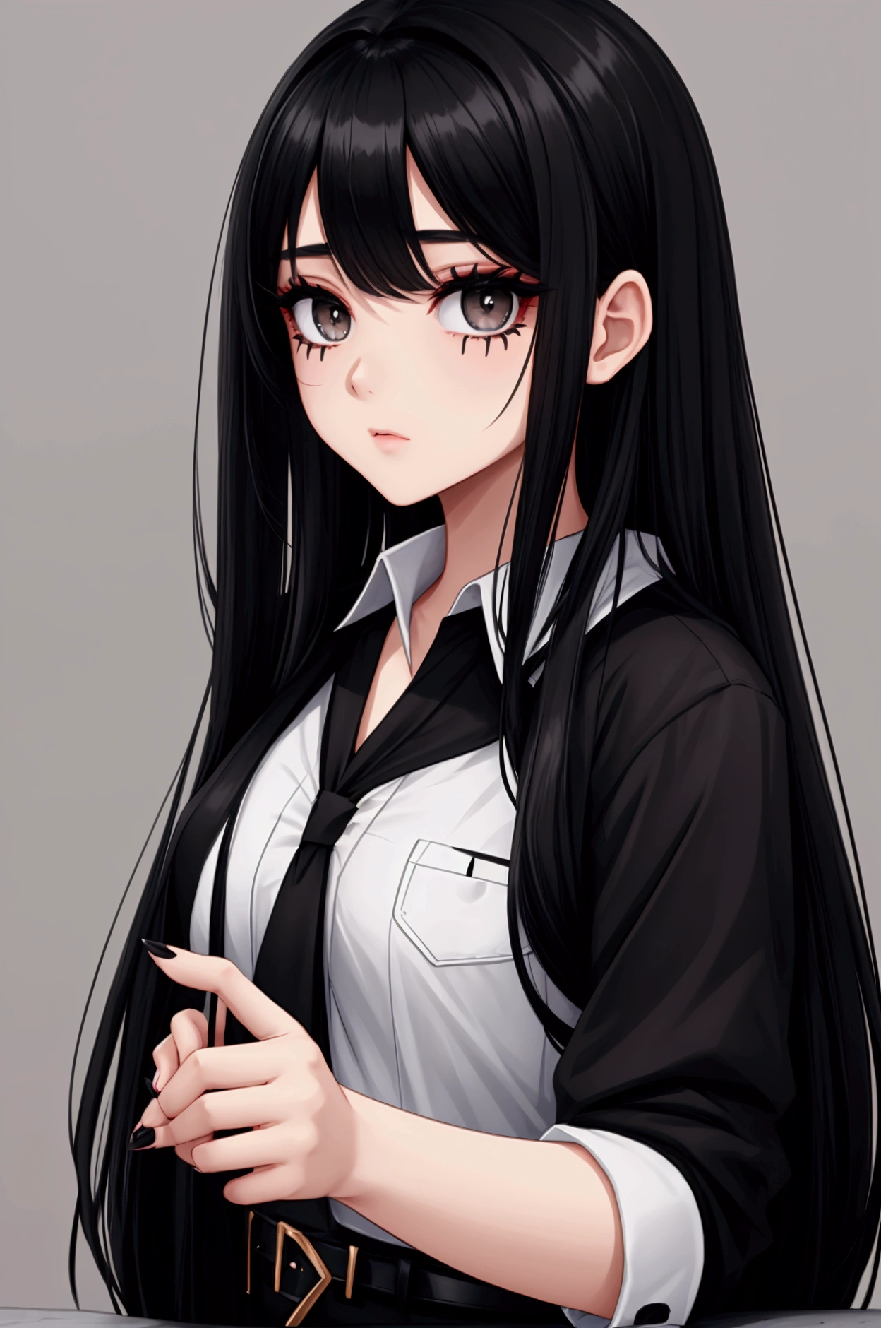 woman, black hair, long hair, pigtail, open forehead, no bangs, blue eyes, black button-down shirt, cigarette