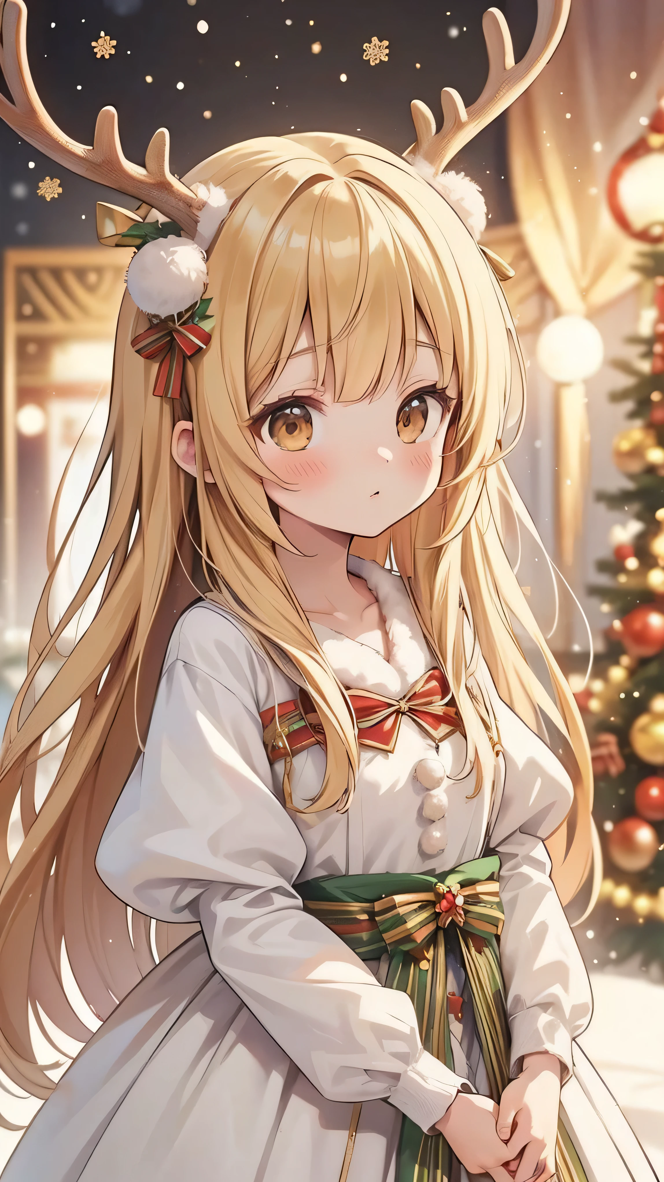 Super high resolution Super quality 、Anime-Series、 Zoom in , High-quality texture of clothing , princess dress, luxurious Otes Christmas dress , Dress with decoration , reindeer antler , Joy, Beautiful girl has a beautiful body, Christmas , long blonde hair , brown eyes, upper body ,