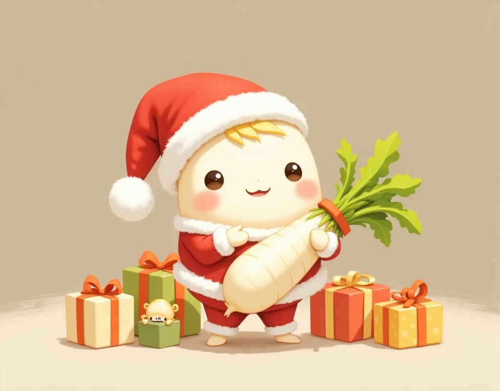 cute大根,  Santa costume, Mochimochi daikon , Carrying a bunch of daikon ,  gift boxes, cute, とにかくcute,  happy , Happy space , Fluffy, Soft colors,  warm shades,  retina, 2D illustration, wallpaper