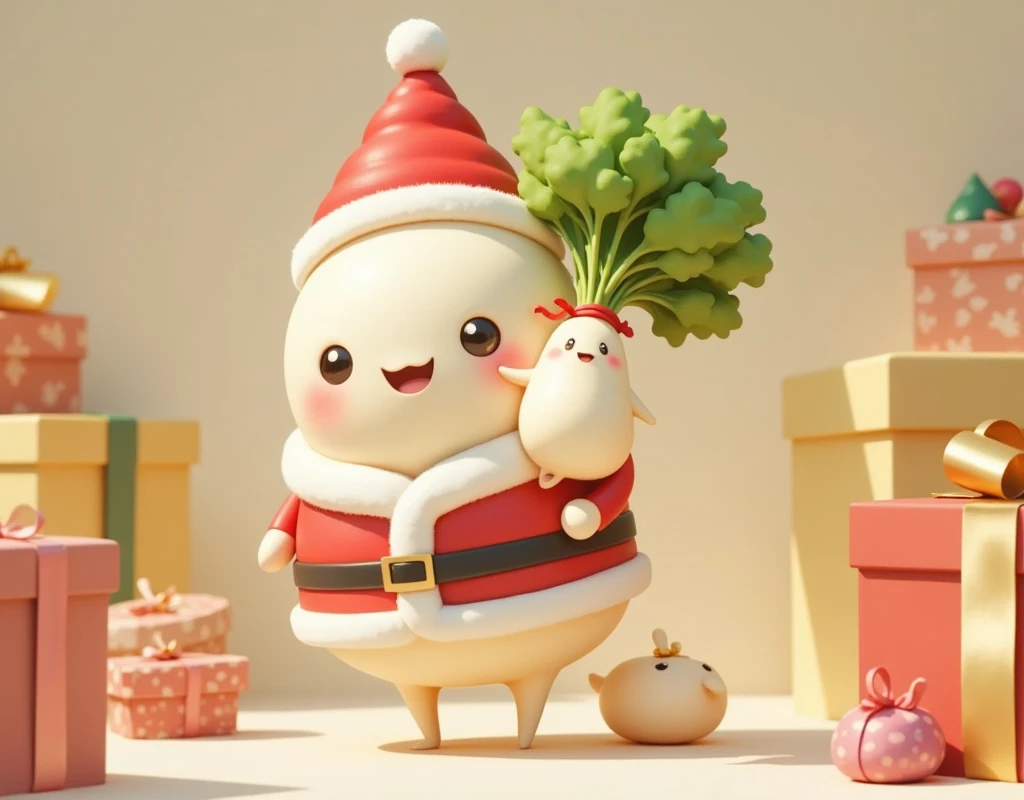 cute大根,  Santa costume, Mochimochi daikon , Carrying a bunch of daikon ,  gift boxes, cute, とにかくcute,  happy , Happy space , Fluffy, Soft colors,  warm shades,  retina, 2D illustration, wallpaper