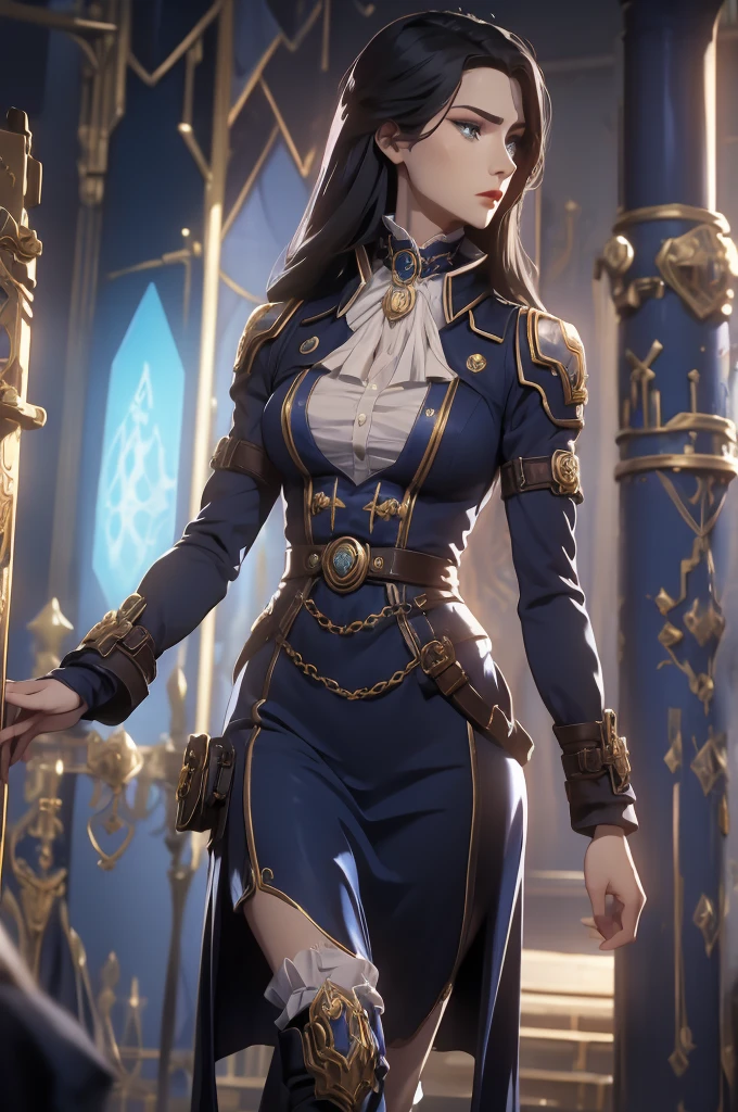 A tall, slender character with a poised and elegant demeanor. Caitlyn has long, dark hair styled neatly and piercing blue eyes filled with determination. She wears a sophisticated outfit blending Victorian aesthetics with steampunk elements, featuring a high-collared coat, intricate patterns, and polished boots. Often seen holding her signature rifle, her presence exudes confidence and precision. Set against a glowing neon city backdrop, her composed and regal aura stands out amidst the vibrant chaos.