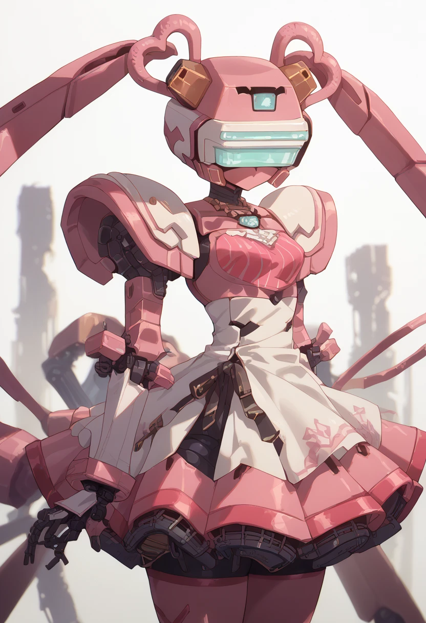 masterpiece, high definition , top quality,8k
(twintails,mechanical girl,mechanical body,mechanical goggle,White mask,pink body color,no mouth)
(pink mini skirt)