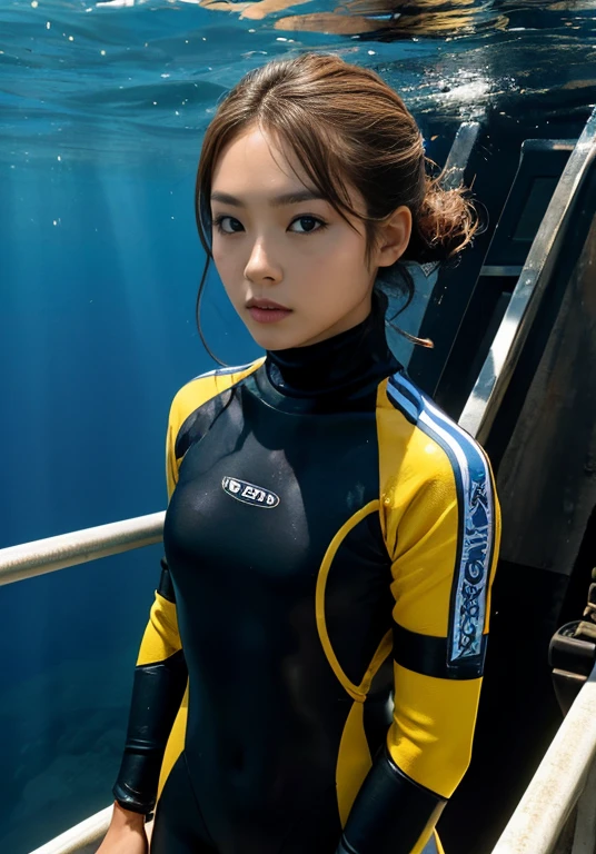 A documentary photo, Photo-realistic, ultra-realistic, (Japanese beautiful young woman, famous Japanese idol, boyish cool face:1.3), wetlook rubberish yellow clothes,, she is a military diver of Japan navy, experienced military diver, wearing a professional wetsuits for military diver with professional scuba equipment, She is on a shlre, She is preparing to scuba dive for a lifesaving mission, there is a large battle ship behind her,, Natural Makeup, boyish face ,Front View:1.21, Perfect Anatomy:1.21, Small head:1.21, Slender body:1.37, Narrow waist:1.5, Thin limbs:1.5, Flat Chest:1.5, Anatomically correct limbs, Diving Suits warm  wetlook (high smooth turtleneck collar), Fully equipped for diving, Very cute Japanese woman, Brown Hair, Chignon Hair, Calm sea in summer, Dynamic and emotional movie lighting, 