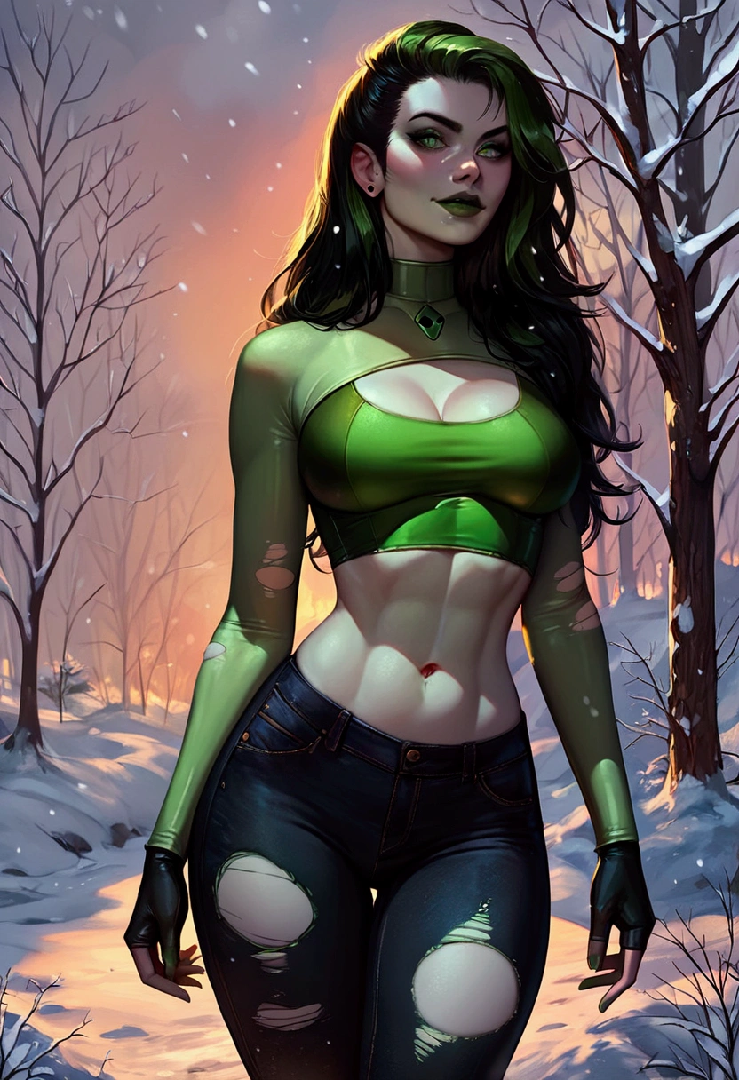 score_9, score_8_up, score_7_up, score_6_up, score_5_up, score_4_up, solo, 1girl, Shego, black hair, green eyes, makeup, lipstick, detailed eyes, sexy smirk, , footprints in the snow, (((wearing a green crop top, exposed midriff, tight black jeans that are ripped))), detailed realistic, front view shot, snowy, peaceful, detailed realistic,  