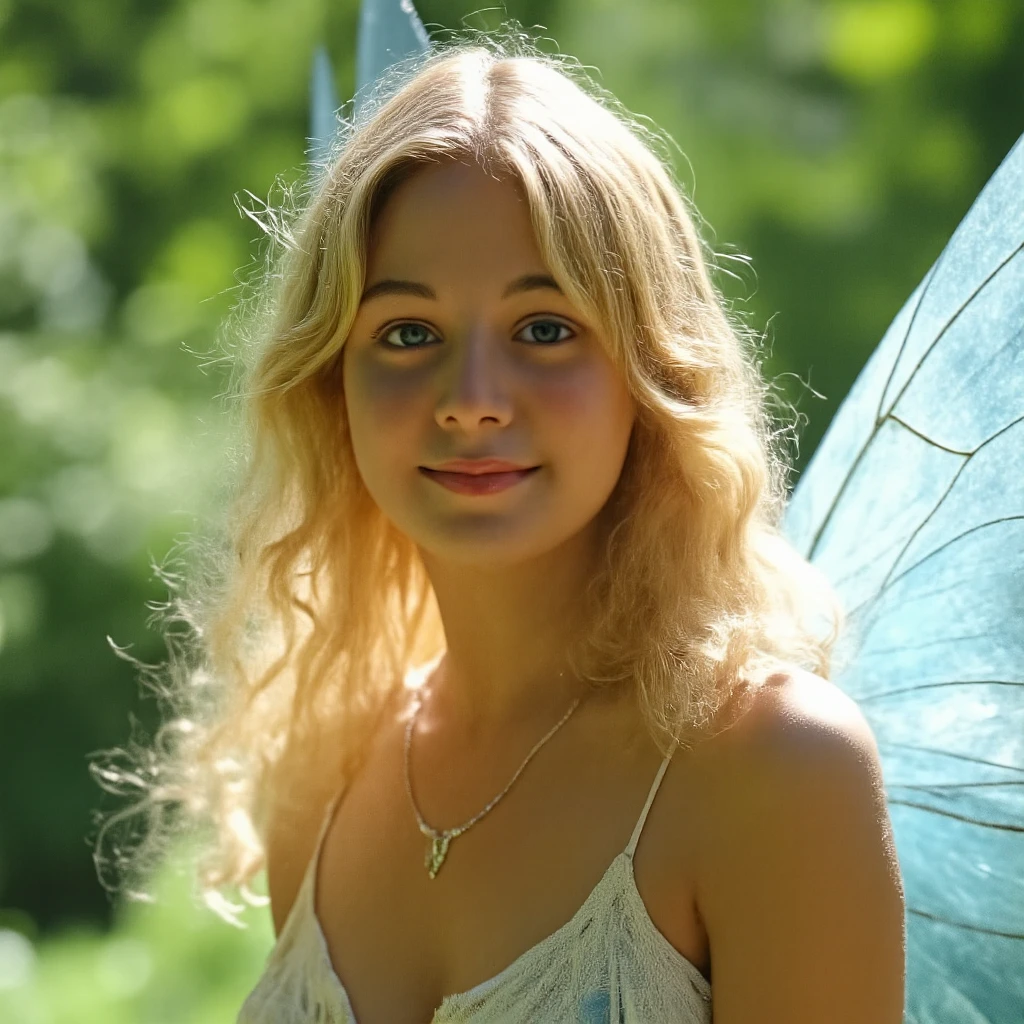 One girl, High resolution, chest, smile, Blonde, Very long hair, Landscape、Earrings, Angel&#39;s wing、Fairies all around、Highest quality, 