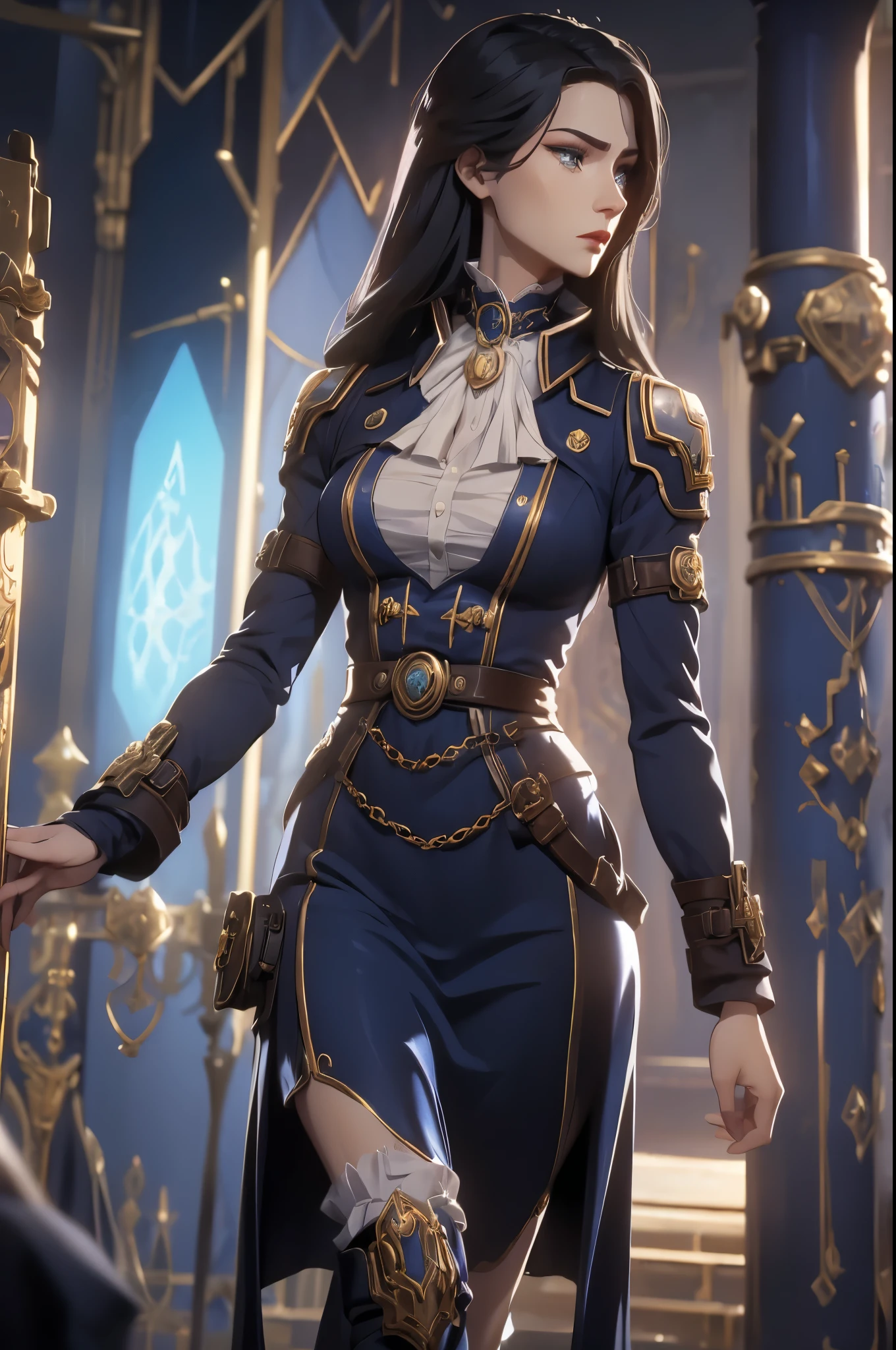 A tall, slender character with a poised and elegant demeanor. Caitlyn has long, dark hair styled neatly and piercing blue eyes filled with determination. She wears a sophisticated outfit blending Victorian aesthetics with steampunk elements, featuring a high-collared coat, intricate patterns, and polished boots. Often seen holding her signature rifle, her presence exudes confidence and precision. Set against a glowing neon city backdrop, her composed and regal aura stands out amidst the vibrant chaos.