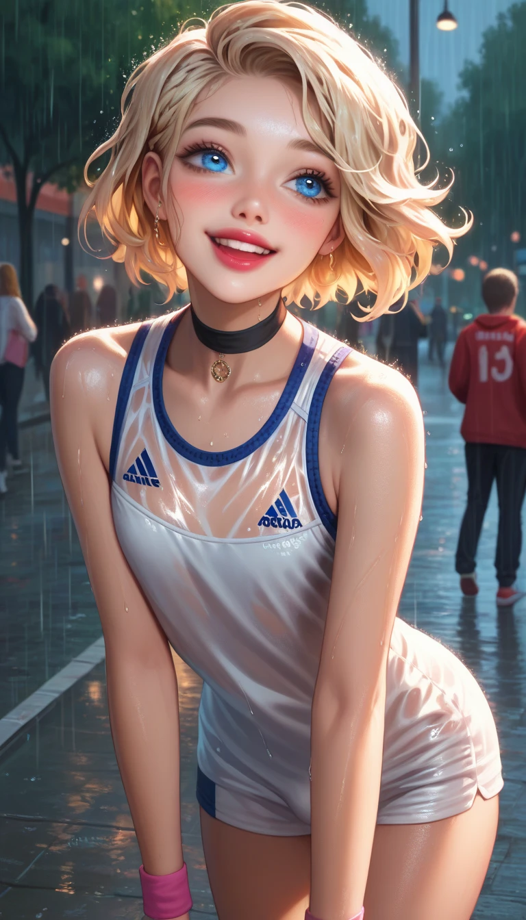 hyperrealistic, detailed face, toned blonde femboy, blond eyes, slim, male, feminine touch, blond open short hair, tanned, lipgloss, happy but exhausted, looking to the side, at night, public park, running in the rain, showing the piece sign, rain clothes, sportswear, wet hair, black choker, blue eyes, flat chest