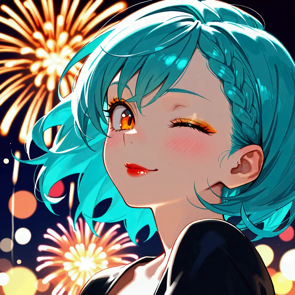 hair focus, portrait, 1girl, (best quality), 8k, masterpiece, aqua hair, short hair, braided bangs:1.2, BREAK, orange eyes, gentle smile, BREAK, pink blush, long lashes, glossy makeup, golden eyeshadow, red lips, one eye closed, BREAK, bokeh fireworks background, lens flares,