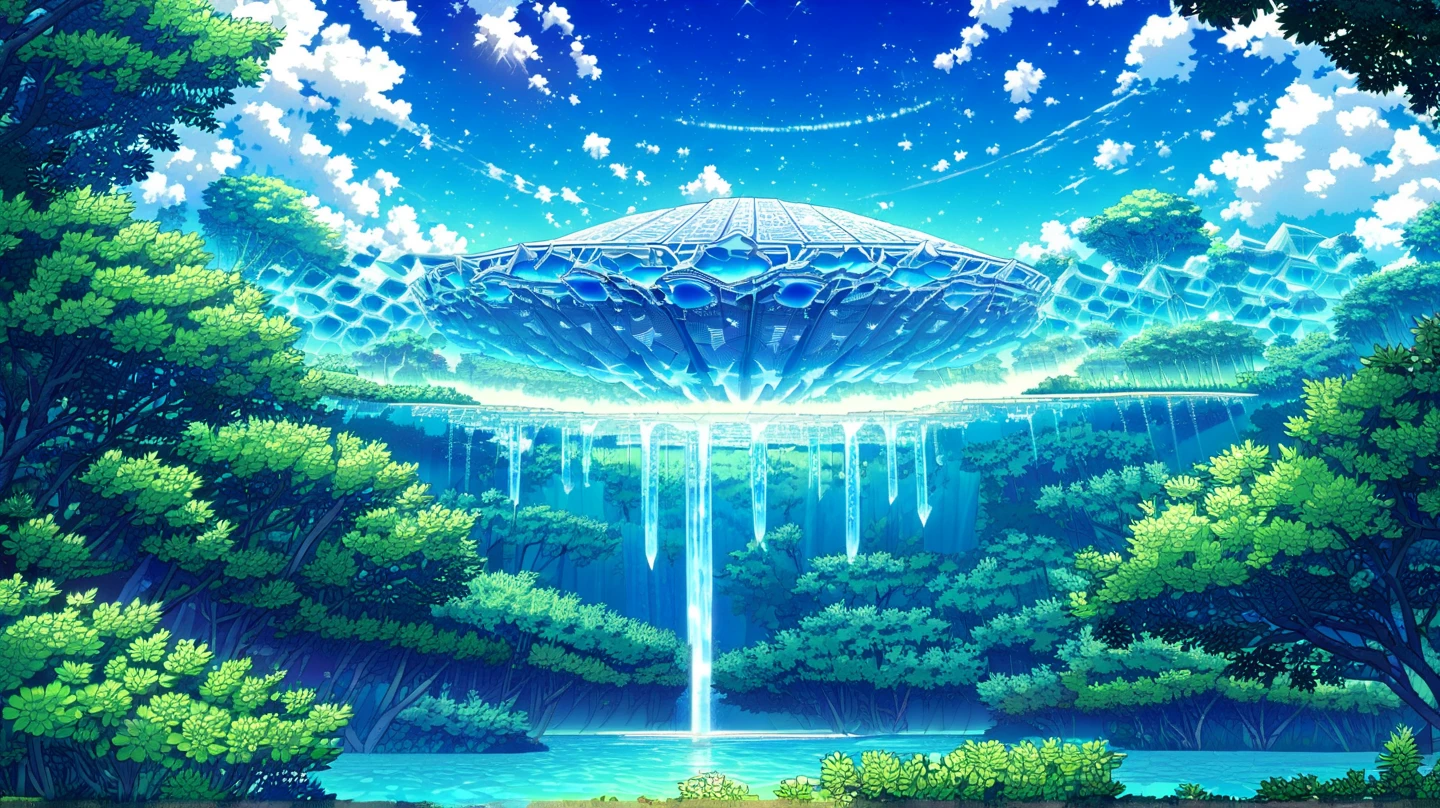 (masterpiece, ultra-detailed, top quality), fantasy landscapes in the distance, (many fruit celestial objects in the sky: 1.3), fantasy cities and forests, breathtaking blue sky.