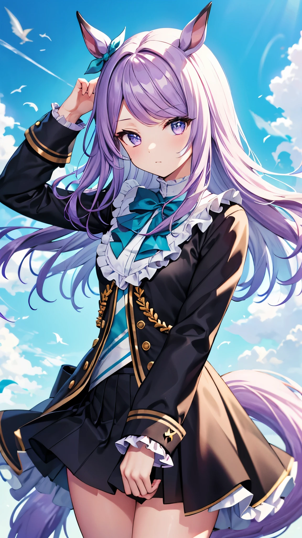 illustration style, high detail, 8k, clean lineart, cinematic, 

mejiro mcqueen, horse ears, ear ribbon, horse tail, 
frills, black jacket, bowtie, long sleeves, black skirt, 

hair fully hides ears:1.3, mature, slender legs, 
quell her hair, florence, 

look at viewer, open sky, the wind is blowing