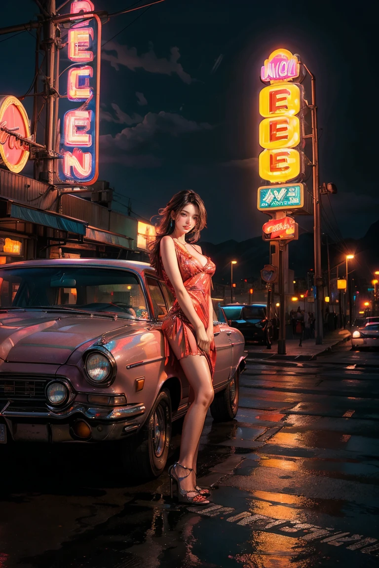 ((masterpiece, best quality, Best image quality, high resolution, realistic, raw photo, 8K)), Araped view of motel with cars parked in front, with neon sign, Woman waiting for guests in front of motel, Temptation, short dress and high heels, route 66, neon sign, 1 9 5 0 Second Americana Tourism, some have neon sign, Neon Lights Outside, neon advertising, gigantic neon sign, neon stores, few neon sign, neon sign in background,