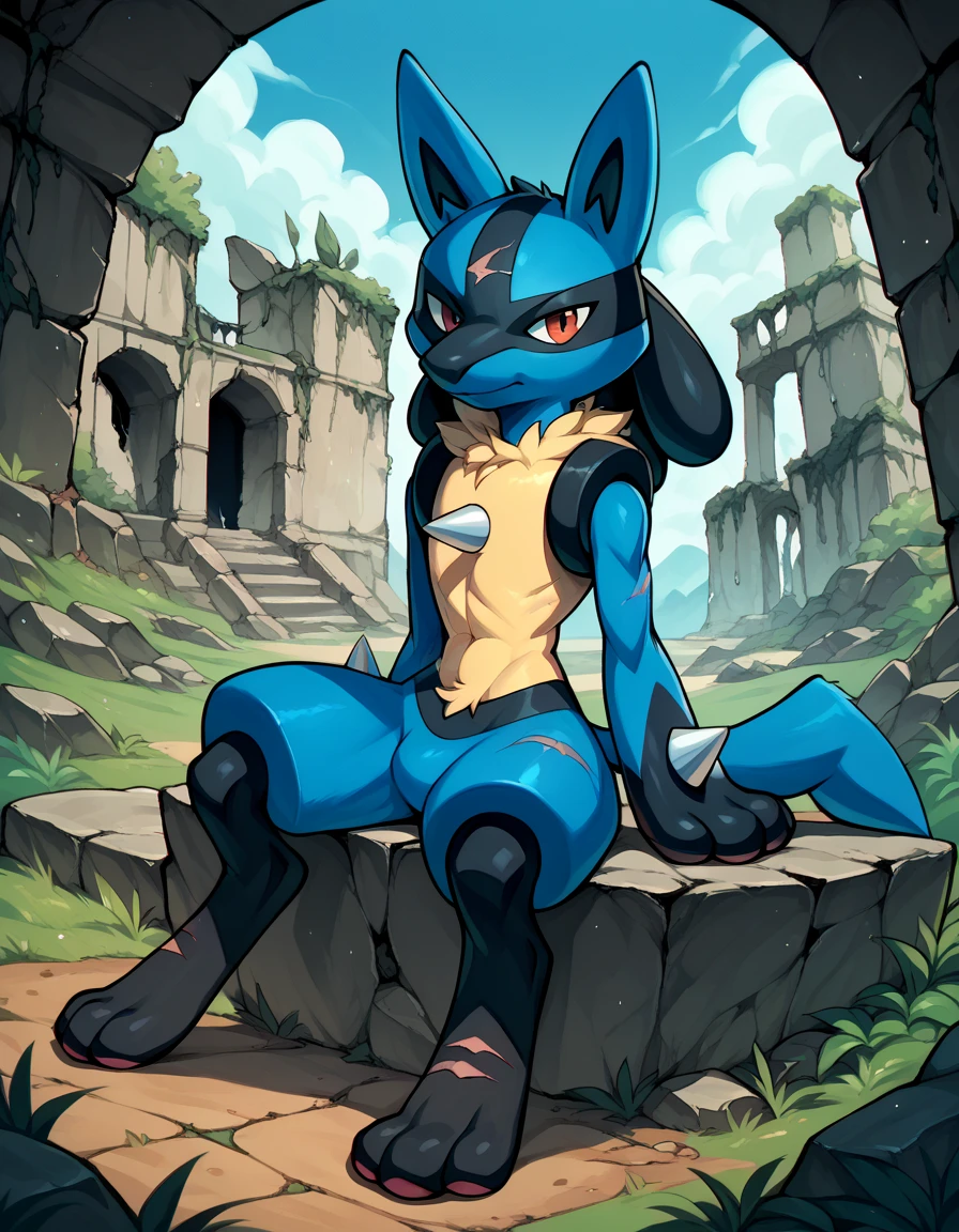 Pokemon Style ,Lucario , wide body , Many scars on body ,solo ,pose,Sitting on a rock ,Ruins in the background