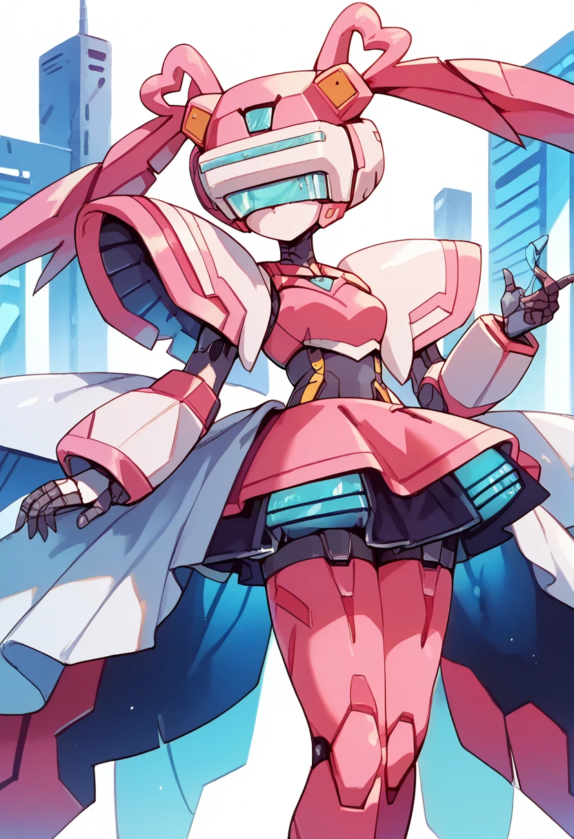 masterpiece, high definition , top quality,8k
(twintails,mechanical girl,mechanical body,mechanical goggle,White mask,pink body color,no mouth)
(pink mini skirt)