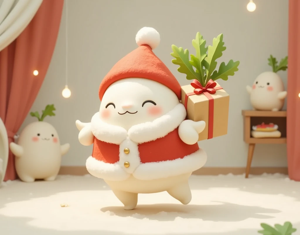 cute大根,  Santa costume, Mochimochi daikon , Carrying a bunch of daikon ,  is carrying a present box, cute, とにかくcute,  happy , Happy space , Fluffy, indoor, Soft colors,  warm shades, Fluffy curtains , Gingerman ,  retina, 2D illustration, wallpaper