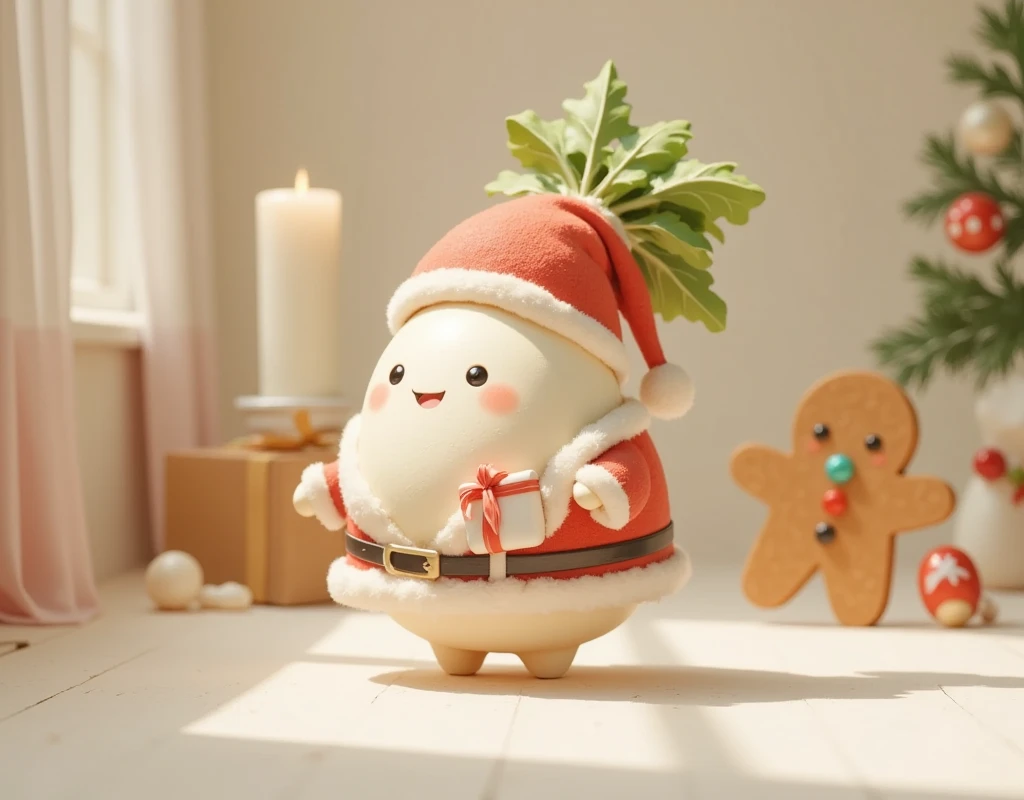 cute大根,  Santa costume, Mochimochi daikon , Carrying a bunch of daikon ,  is carrying a present box, cute, とにかくcute,  happy , Happy space , Fluffy, indoor, Soft colors,  warm shades, Fluffy curtains , Gingerman ,  retina, 2D illustration, wallpaper