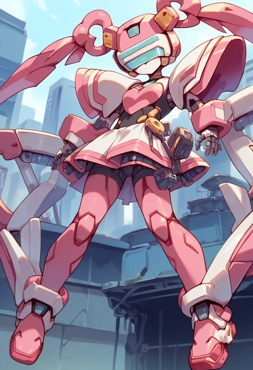 masterpiece, high definition , top quality,8k
(twintails,mechanical girl,mechanical body,mechanical goggle,White mask,pink body color,no mouth)
(pink mini skirt)