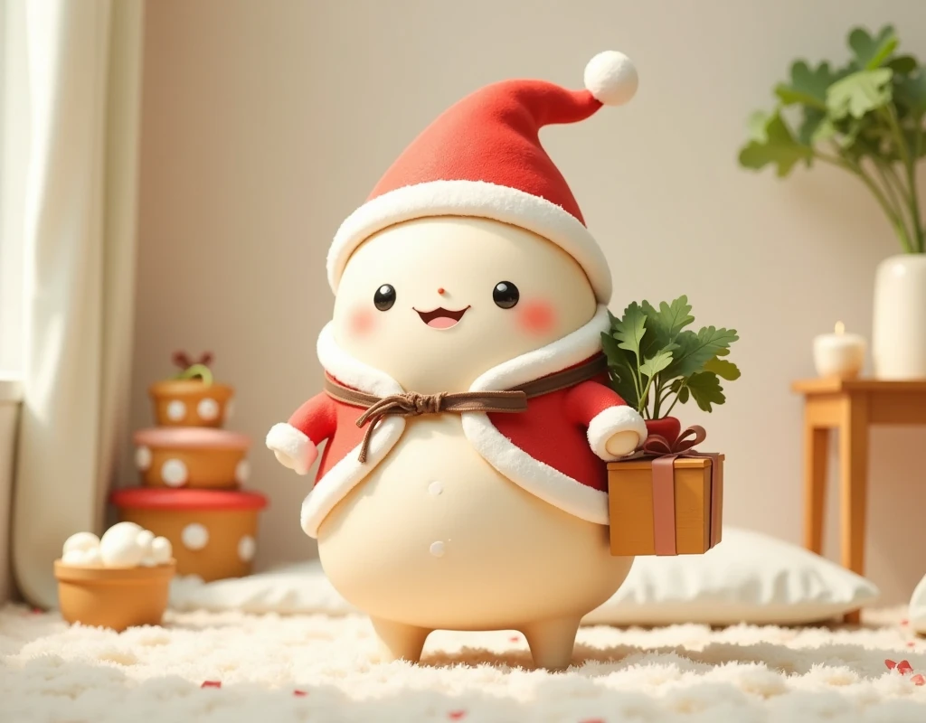 cute大根,  Santa costume, Mochimochi daikon , Carrying a bunch of daikon ,  is carrying a present box, cute, とにかくcute,  happy , Happy space , Fluffy, indoor, Soft colors,  warm shades, Fluffy curtains , Gingerman ,  retina, 2D illustration, wallpaper