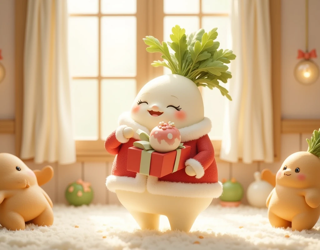 cute大根,  Santa costume, Mochimochi daikon , Carrying a bunch of daikon ,  is carrying a present box, cute, とにかくcute,  happy , Happy space , Fluffy, indoor, Soft colors,  warm shades, Fluffy curtains , Gingerman ,  retina, 2D illustration, wallpaper