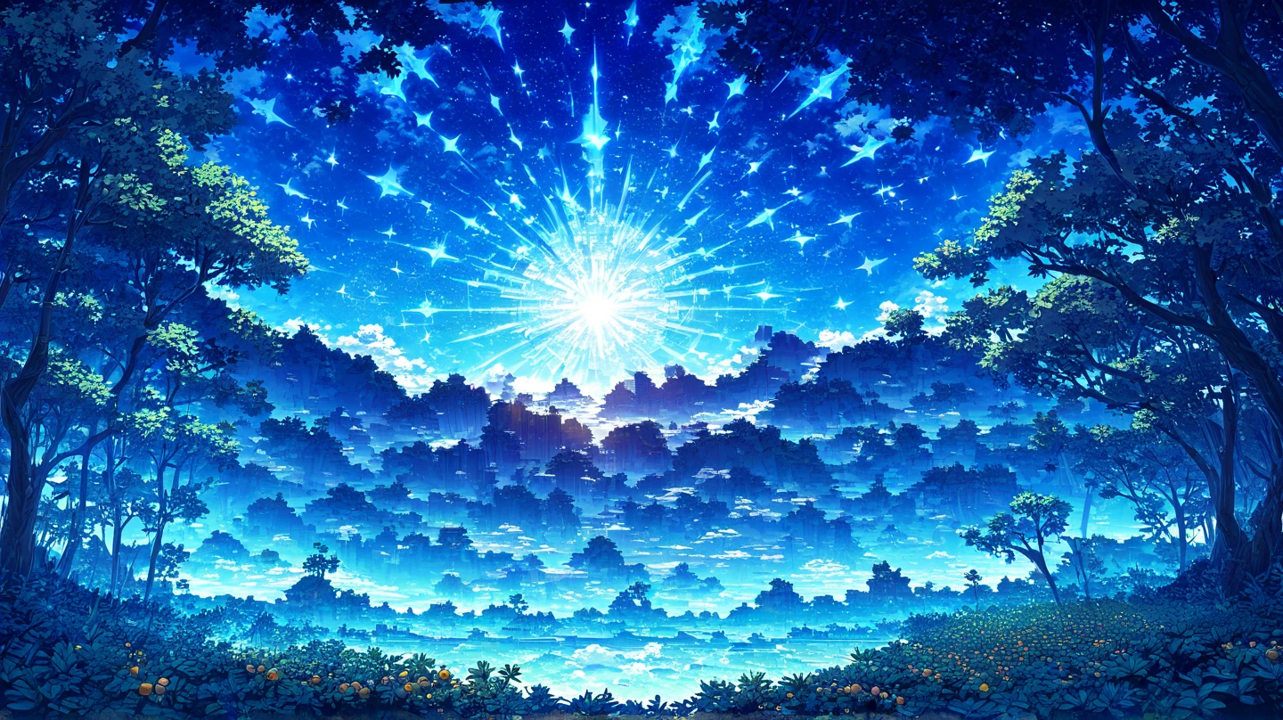 (masterpiece, ultra-detailed, top quality), fantasy landscapes in the distance, (many fruit celestial objects in the sky: 1.3), fantasy cities and forests, breathtaking blue sky.