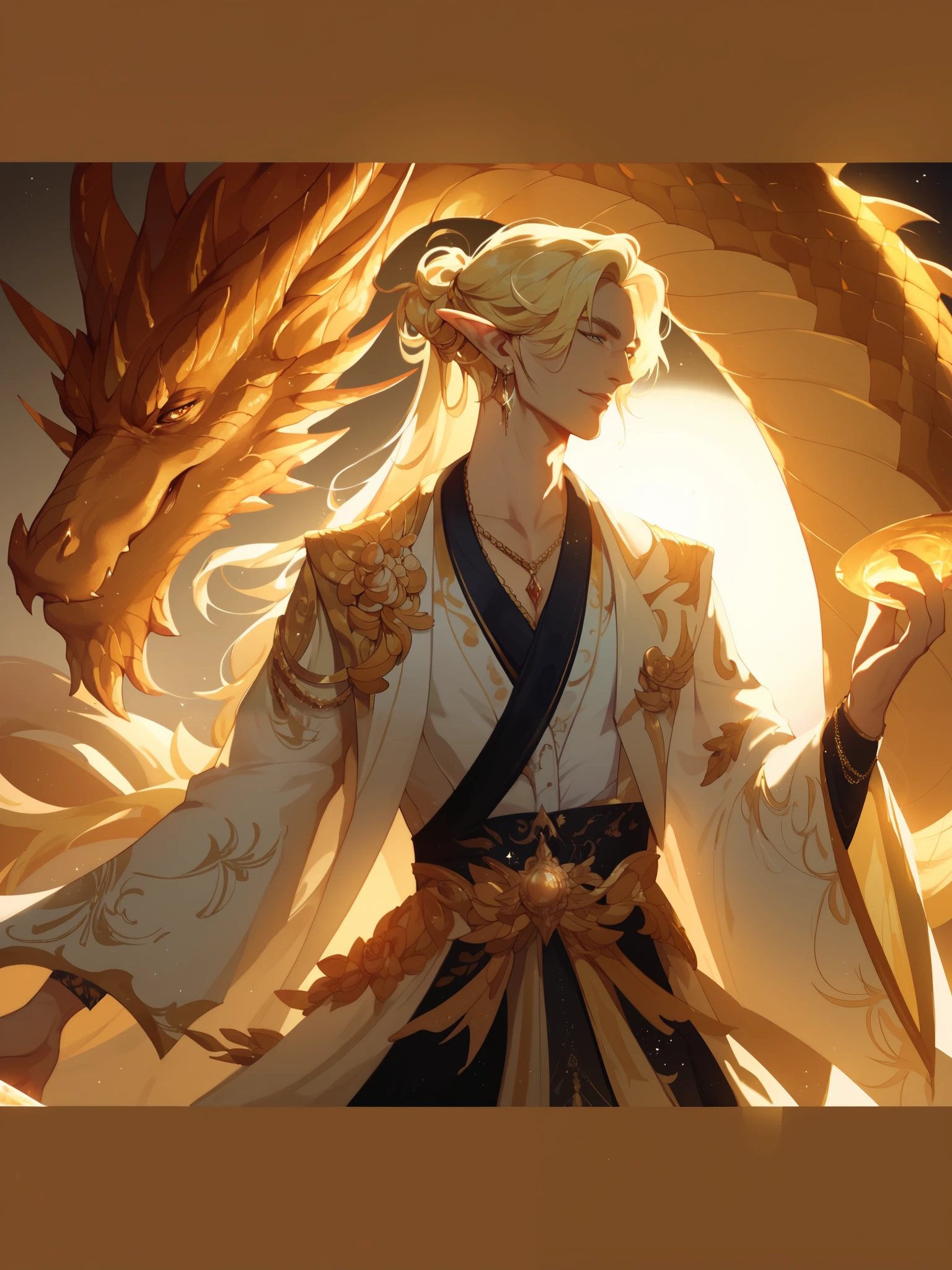 score_9, score_8_up, score_7_up, score_6_up, score_5_up,  s4b, 1boy solo, black background, solar, huge gold dragon, blonde hair, elegant, beautiful,High Resolution, warm hues, good, sun, glowing, golden