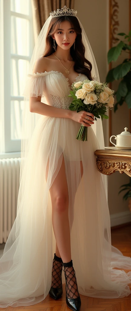 safe_pos,score_9, score_8_up, score_8,Bridmon, bride, pose,full body,  24 years old, perfect face,white (wedding dress:1.3), bridal veil,white bride shoes,bride's bouquet, atheistic body, petite body,cinematic lighting,  girl focus, perfect cute face,blond hair,green eyes,beautiful eyes, apartment,side view,chair, anime style
BREAK, (dark room:1.1),morning sun, volumetric light,<lora:add-detail-xl:0.7>, <lora:bride_morningPonyv8:0.6>,   <lora:g0th1c2XLP:0.5> <lora:Sinozick_Style_XL_Pony:0.5>