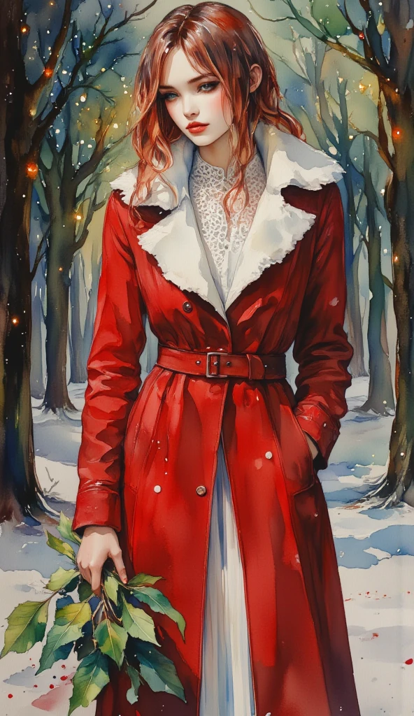 watercolor full length portait on black paper. In the midst of a fantasy realm, a (mysterious (female (vampire))), (long(auburn hair)), opal red eyes, holding a branch of holly. red coat with white fur collar. lacy aesthetic. christmas aesthetic. snowy background with pine trees, christmas decorations and lights.  red and white.