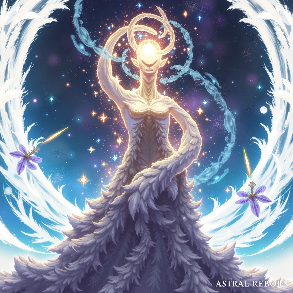 anime style image of a star burst with a star in the background, elven angel meditating in space, astral fairy, star guardian inspired, glowing angelic being, astral ethereal, celestial aura, white glowing aura, goddess of light, lux from league of legends, goddess of galaxies, beautiful celestial mage, hologram hovering around her, elven spirit meditating in space