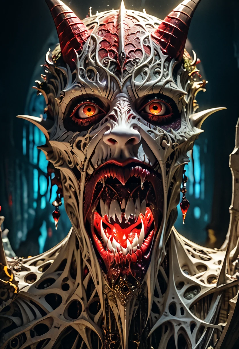 vampire with yellow horns ,  beautiful and detailed eyes ,  beautiful and detailed lips ,  extremely detailed face, 1 girl, white hair  , fringe, Tears of Blood Vampire Fangs, surreal,  hyper detailed ,  dramatic lighting ,  vibrant colors ,  film composition ,  INTRICATE DETAILS ,  masterpiece , Druid ruins background , 