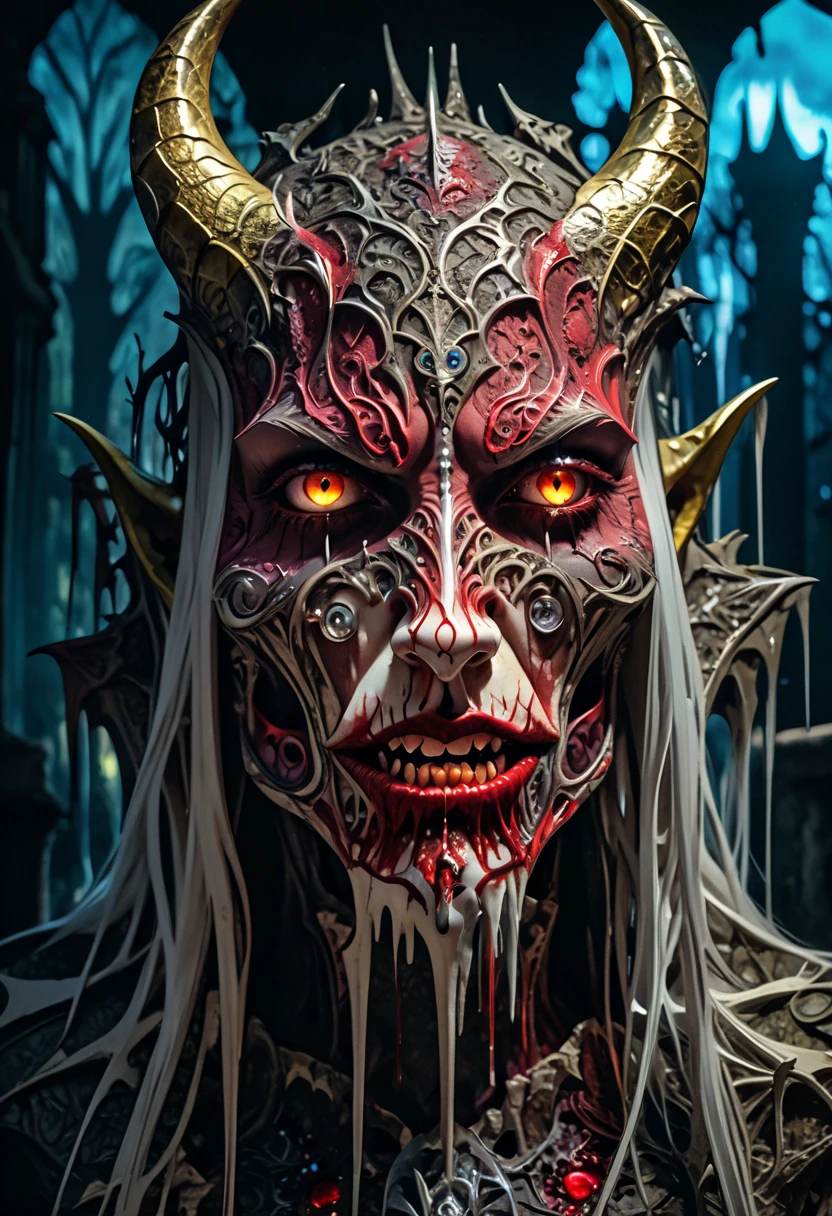 vampire with yellow horns ,  beautiful and detailed eyes ,  beautiful and detailed lips ,  extremely detailed face, 1 girl, white hair  , fringe, Tears of Blood Vampire Fangs, surreal,  hyper detailed ,  dramatic lighting ,  vibrant colors ,  film composition ,  INTRICATE DETAILS ,  masterpiece , Druid ruins background , 