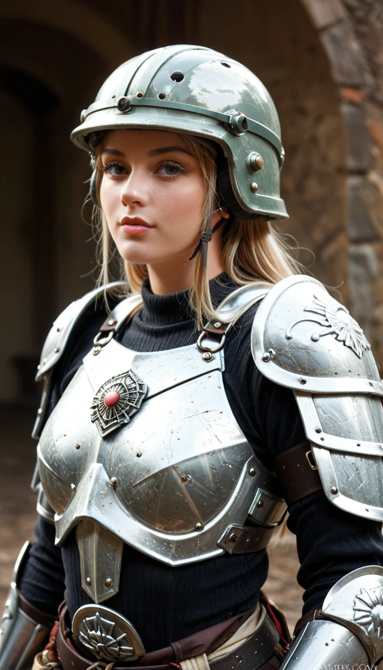 A young female warrior, heavy armor, Battle helmet helmet , 