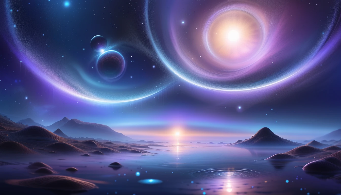  A magical universe where a planet with translucent rings floats above a shimmering mist in shades of lilac and blue. Spiral nebulae shine in the background ,  and silvery light emanates as if reflected by a distant sun .  Small constellations dot the scene ,  creating a sense of heavenly serenity .