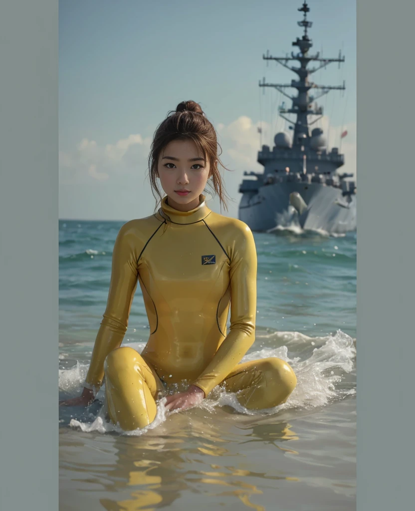 A documentary photo, Photo-realistic, ultra-realistic, (Japanese beautiful young woman, famous Japanese idol, boyish cool face:1.3), wetlook rubberish yellow clothes,, she is a military diver of Japan navy, experienced military diver, wearing a professional wetsuits for military diver with professional scuba equipment, She is on a shlre, She is preparing to scuba dive for a lifesaving mission, there is a large battle ship behind her,, Natural Makeup, boyish face ,Front View:1.21, Perfect Anatomy:1.21, Small head:1.21, Slender body:1.37, Narrow waist:1.5, Thin limbs:1.5, Flat Chest:1.5, Anatomically correct limbs, Diving Suits warm  wetlook (high smooth turtleneck collar), Fully equipped for diving, Very cute Japanese woman, Brown Hair, Chignon Hair, Calm sea in summer, Dynamic and emotional movie lighting, 