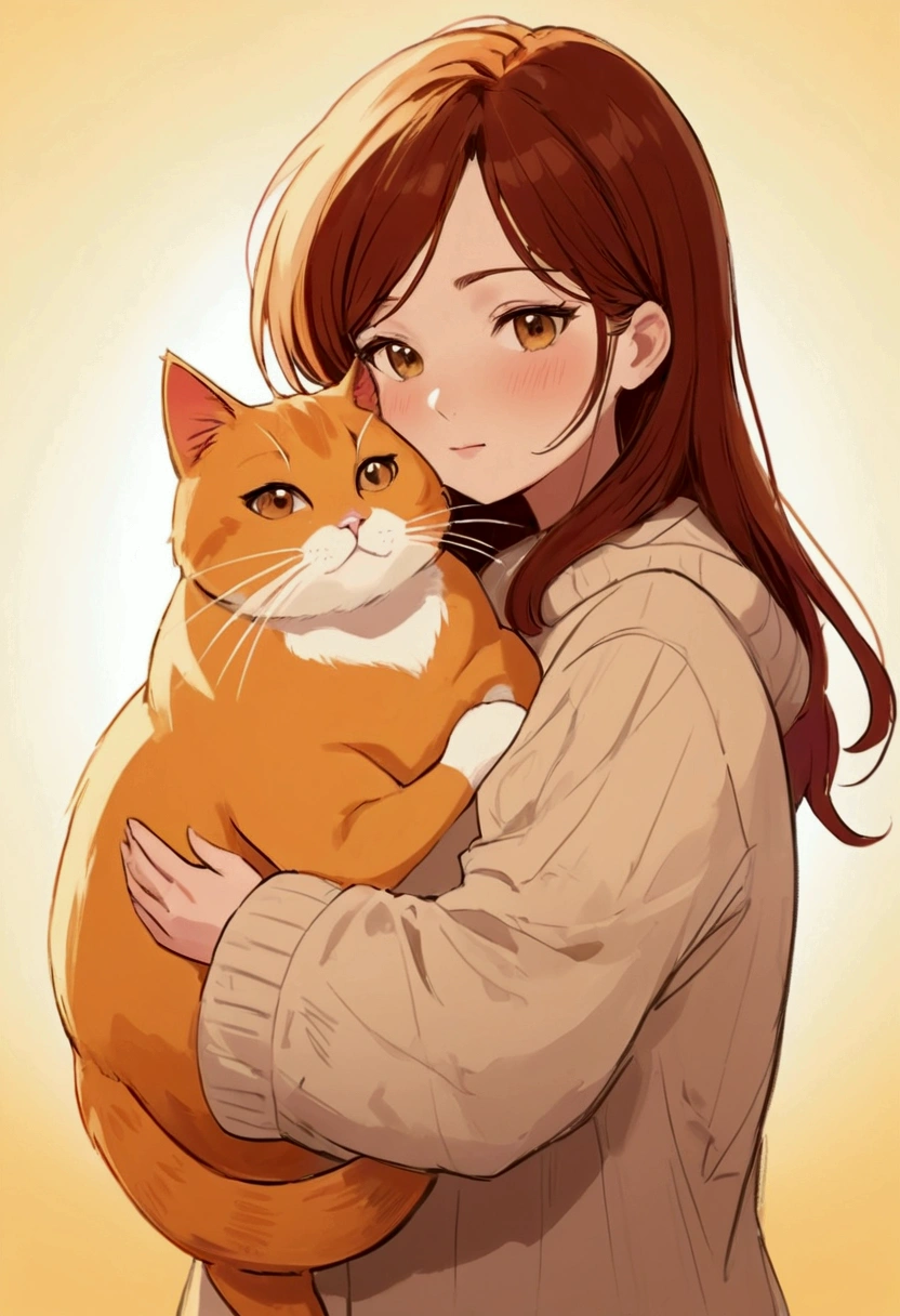 warm colored rough illustration art, cute woman hugging a plump cat, ultra detailed, absolutely resolution, masterpiece