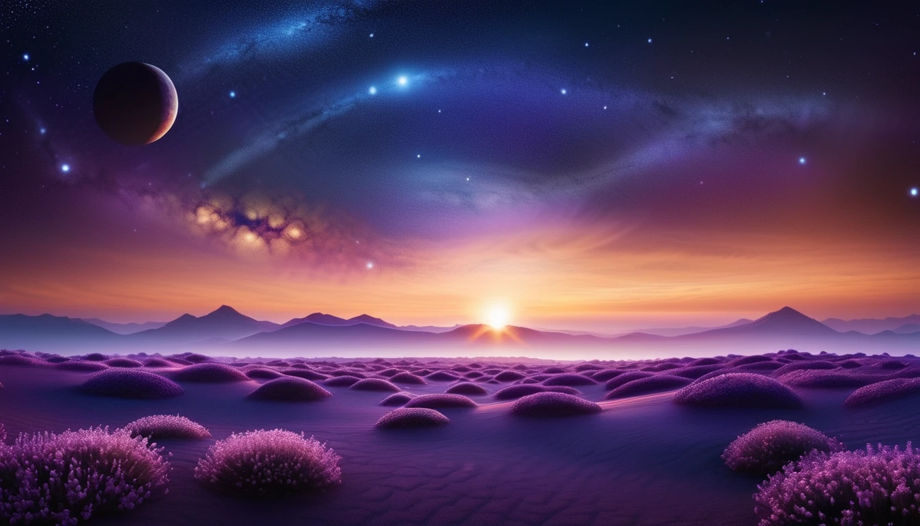  An enchanting cosmic sight ,  with two planets aligned on the horizon , surrounded by shimmering rings .  Soft nebulae blend in shades of lavender and deep blue ,  as starlights twinkle like little gems scattered across the vast sky.