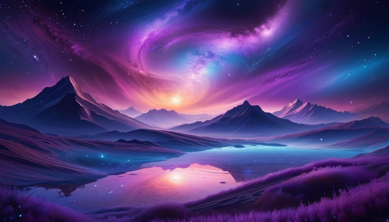 A magical cosmic landscape with a dreamy, bluish-purple haze filling the sky. Swirling nebulae resemble the strokes of an artist's brush, while a distant planet with glowing rings floats on the horizon. Stars sparkle like tiny crystals, adding a touch of wonder to the scene