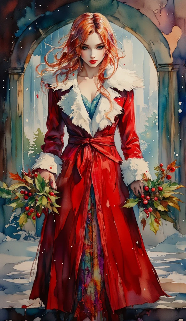 watercolor full length portait on black paper. In the midst of a fantasy realm, a (mysterious (female (vampire))), (neat and tidy (long(auburn hair))), opal red eyes, (open mouth:1.2)holding a branch of holly. red (warm coat) with white fur collar. lacy aesthetic. christmas aesthetic. snowy background with pine trees, christmas decorations and lights.  red and white.