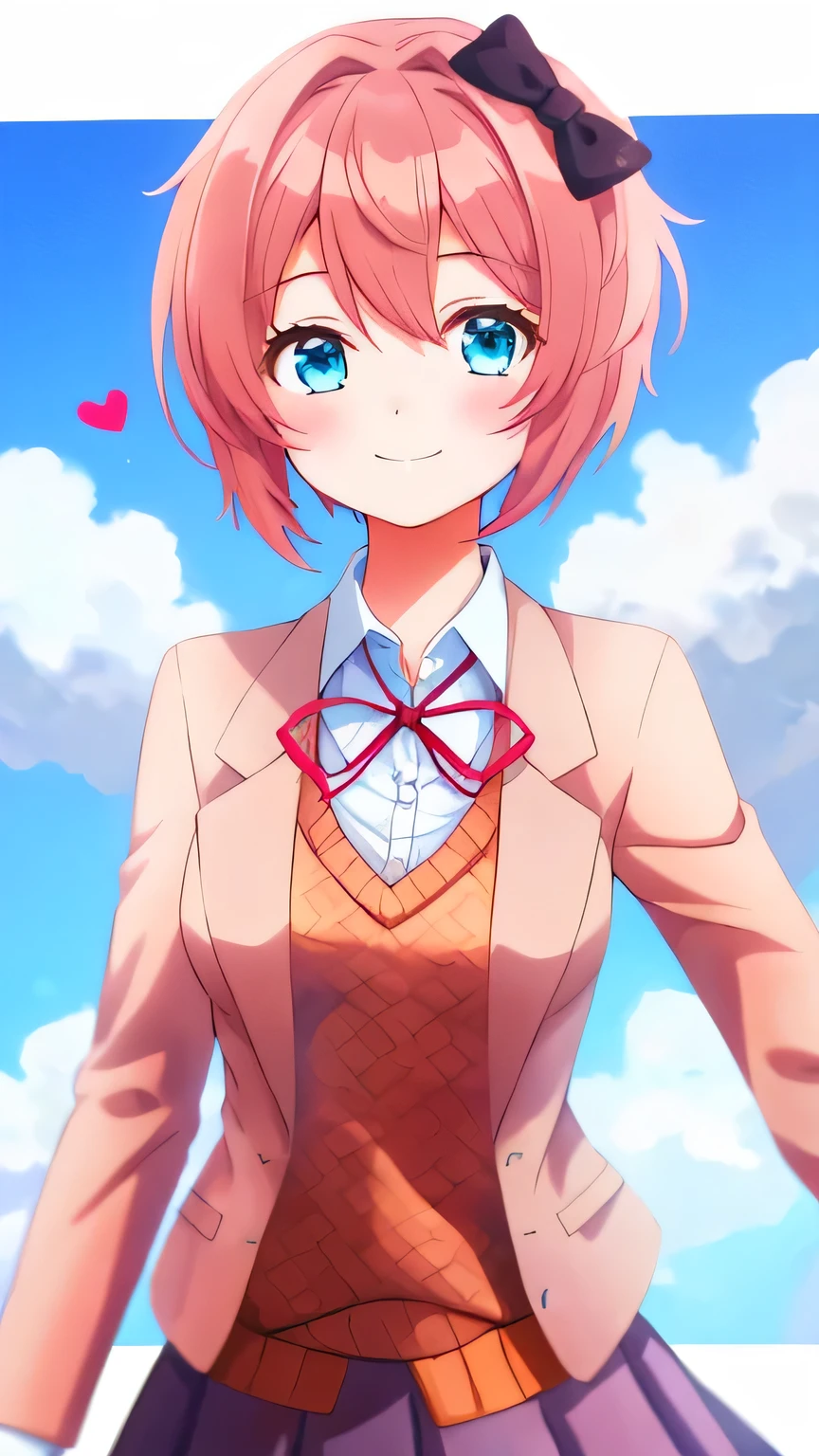 masterpiece 、 higher quality 、 High resolution Uma garota, Sayori, DDLC, DOKI DOKI LITERATURE CLUB, Hair bow,  short hair, happy, school blazer, positive girl  ,  light blue eyes, , fascinating,, My girlfriend, Date of her  ,  heart marks , background azul
