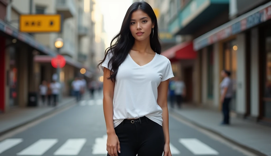 young latin woman with tied hair wearing a white cotton round neck t-shirt with her hand on her waist and a city background


