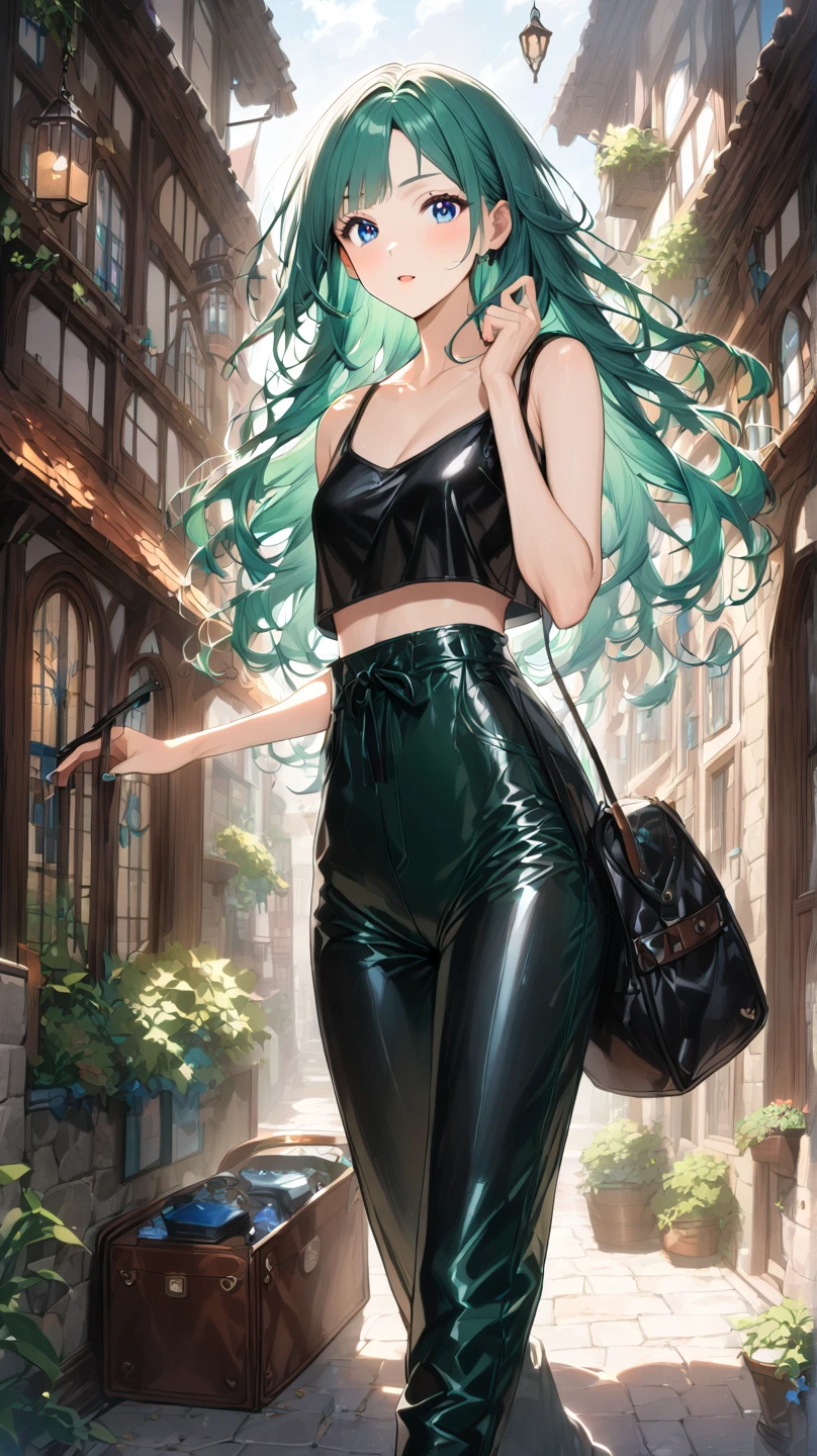 (((3D))),((Shirtless)),(The Yakuza), Mature female figure, Slim green-haired woman, Sexy, Long hair hangs down naturally, Long hair, (Women's suits), (((Buttonless clothing))), ((Open top)), little breast, Abs, ((Enhances muscle texture)), (Gangster lady), The whole body is exposed, (Centered), voluminetric lighting, color difference, 3D style, ((gold-wire glasses)),Beautiful feet, (pubes), ((Masterpiece)), ((Photorealism)), ((Masterpiece)), (Blank background), Italy ,((Sandals woman)), He wears a ring full of gold on each finger, Green nails and toenails,