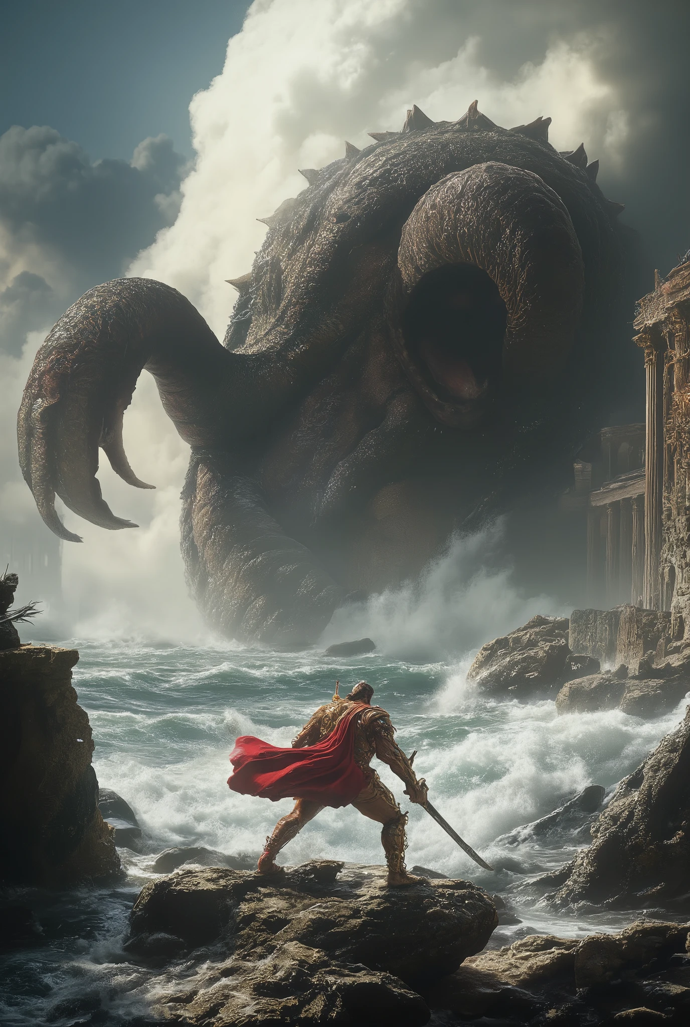a fierce warrior perseus in battle with the mighty kraken, greek mythology, cinematic dramatic lighting, extremely detailed, 8k, photorealistic, hyper-detailed, intricate, cinematic, epic scale, dramatic poses, muscular heroic figure, kraken with huge tentacles, crashing waves, greek architecture and columns, stormy cloudy sky, god-like powers, chiaroscuro lighting, volumetric fog, dramatic shadows, vibrant colors, masterpiece