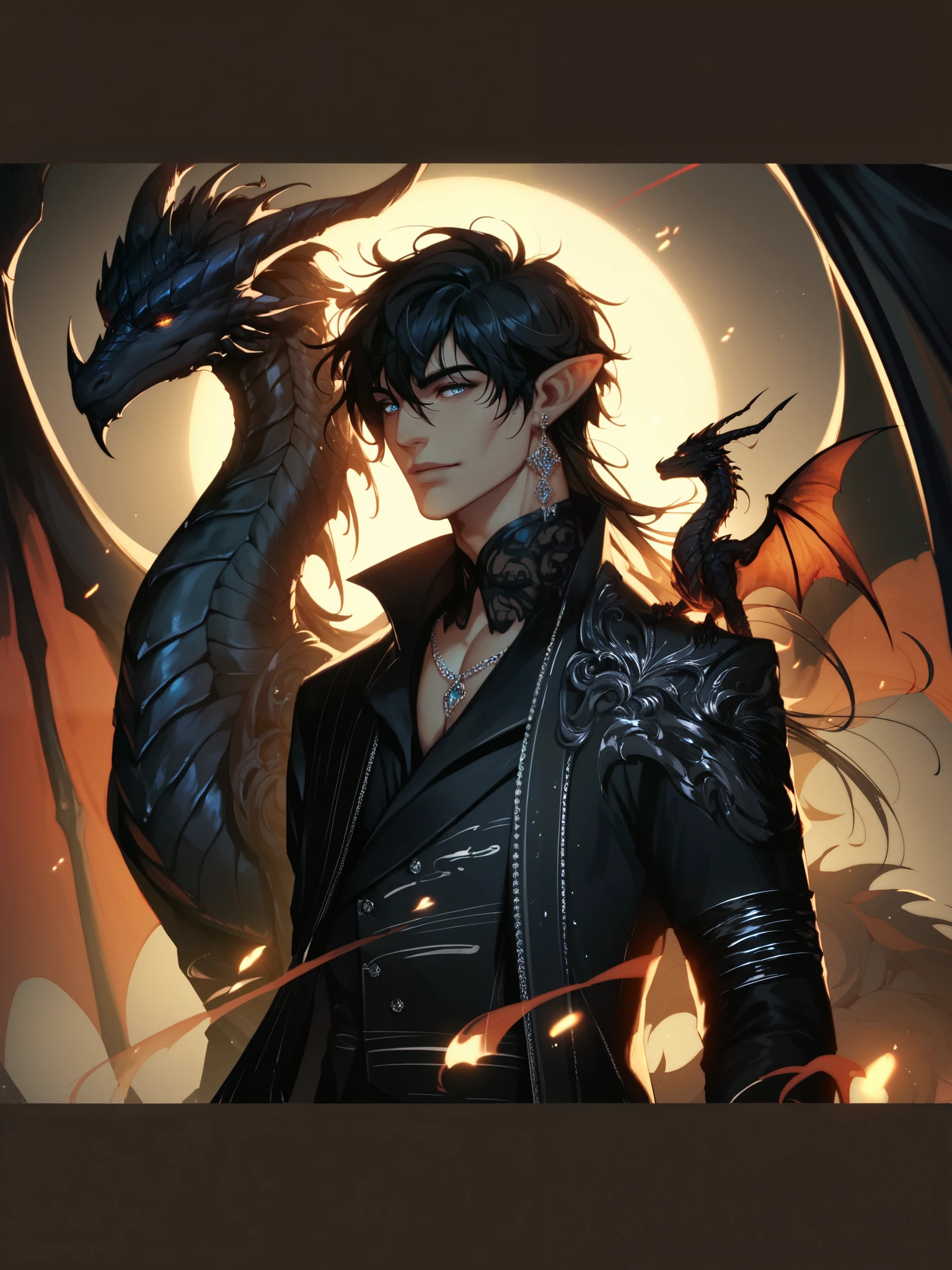 score_9, score_8_up, score_7_up, score_6_up, score_5_up,  s4b, 1boy solo, black background, lunar, huge black dragon, black hair, elegant, beautiful,High Resolution, warm hues, good, night, glowing, darkness