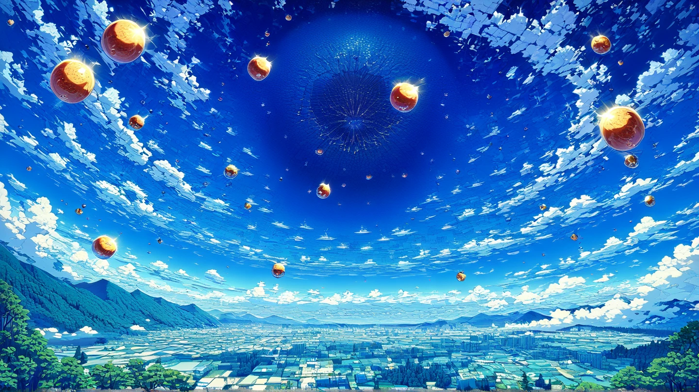 (masterpiece, ultra-detailed, top quality), fantastic landscape painting in the distance, (many fruit celestial bodies floating: 1.3), (large city surrounded by forest: 1.3), breathtaking blue sky.