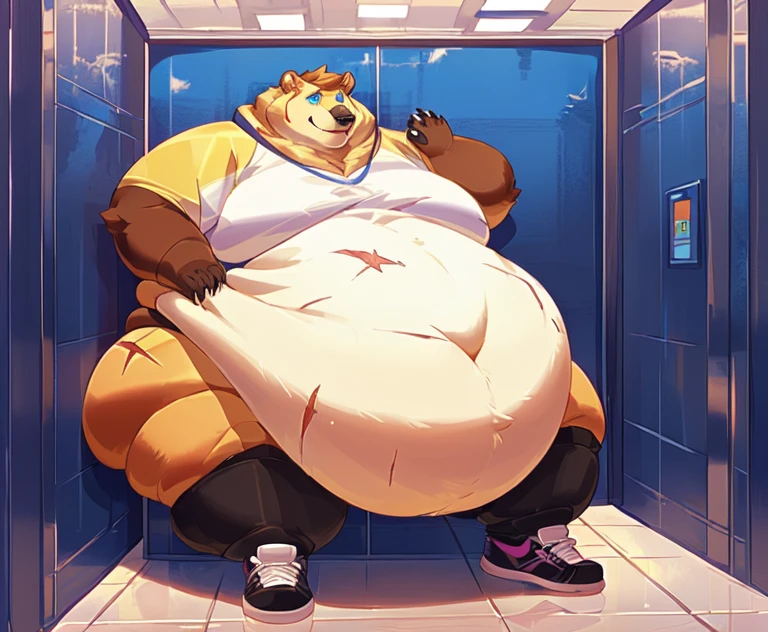 Very Extremely Morbidly-Obese Grizzly Bear with Very Extremely massive Overhang hyper Belly, very extremely overweight, massive belly, chubby face, chubby legs, chubby butt, stuck inside elevator, scar on the face, wears shoes, Blue eyes 