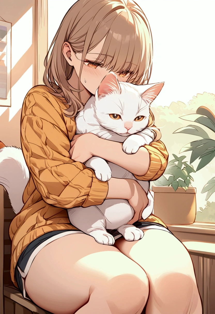 warm colored rough illustration art, cute woman hugging a plump cat, ultra detailed, absolutely resolution, masterpiece